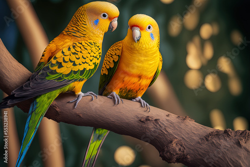 Image shows a pair of golden parakeets perched on a tree, in close-up. Generative AI