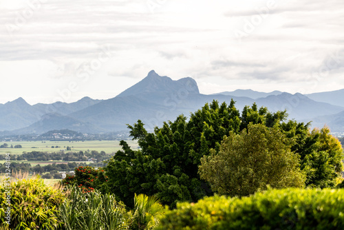 Mount Warning seen in the distance of the Byron Bay hinterland during autumn season. 