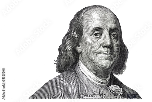 Benjamin Franklin cut on new 100 dollars banknote isolated