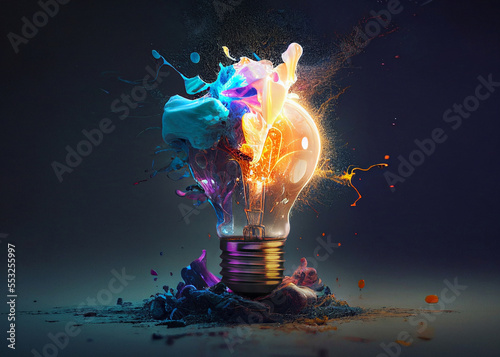 Creative light bulb explodes with colorful paint and splashes on a black background. Think differently creative idea concept