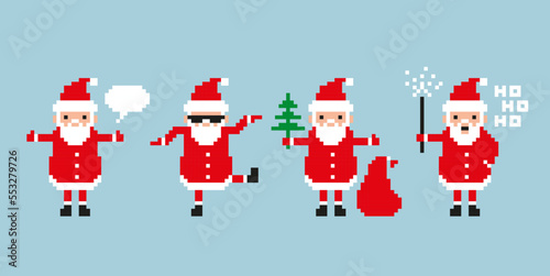 Pixel santa claus with christmas gifts and xmas tree. Funny 8-bit christmas figures with present bag