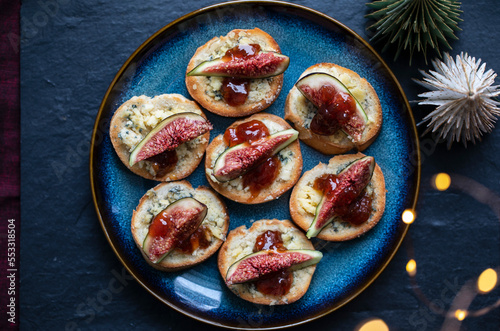 Christmas canapes with stilton cheese and fresh figs