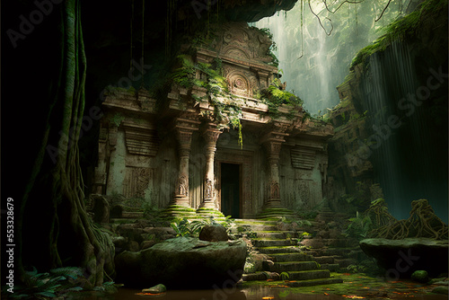 Generative AI illustration of ancient temple ruins in a jungle