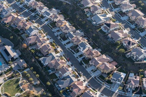 Aerial view of modern suburban neighborhood sprawl. 