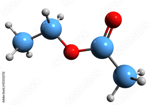  3D image of Ethyl acetate skeletal formula - molecular chemical structure of Ethyl ethanoate isolated on white background 