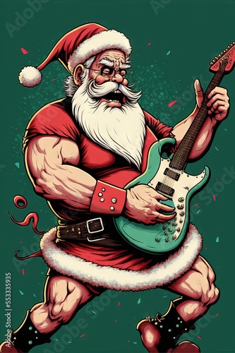 Guitar Player Santa Claus, Rocking and Shredding The Electric Guitar, With a lot of Passion and Attitude, Doing a Guitar Solo on Christmas