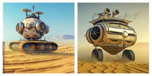 Set of two Generative AI futuristic space vehicles moving on dusty sand. Derived from the text prompt: Complex futuristic steampunk robot hovercraft above desert dunes in a sandstorm.