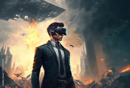 A fighter in a suit stands in front of a future setting wearing virtual reality glasses. Generative AI