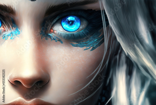 close up of beautiful blue eyes with computer. Generative AI