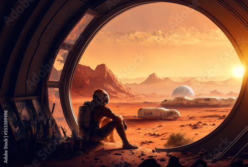 astronaut colony on mars resting and taking in the view. Generative AI