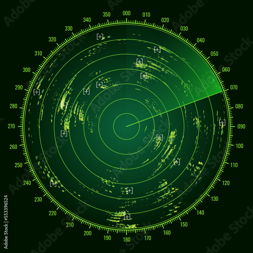 Ship radar screen military sonar monitor, army target detection system vector display, NAVY submarine visual control and search dashboard or airplane navigation interface with signal green blips