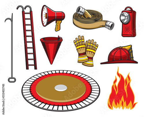 Firefighter items, firefighting equipment. Isolated vector leatherhead helmet, water hydrant hose, pike pole and ladder, firefighter leather gloves, loudspeaker and cone, trampoline, flashlight