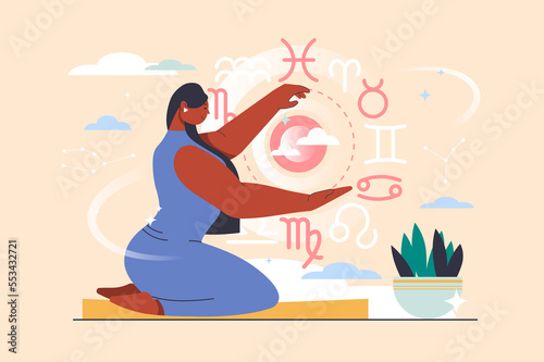 Astrology concept with people scene in flat design. Woman astrologer predicts fate and reads horoscope, works with zodiac signs and constellations. Illustration with character situation for web