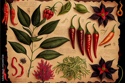 peppers and chiles collection in a vintage setting herbarium style with copy space