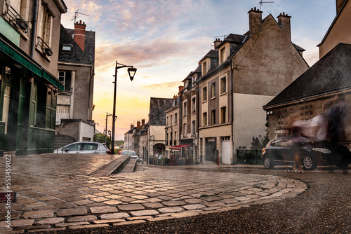 Central street in Blois, France. Beautiful city with mist,