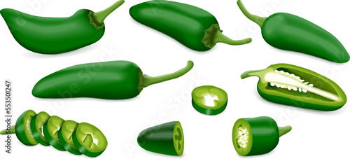 Set with whole, half, quarter, slices, and wedges of Green Jalapeno chili peppers. Jalapeno. Capsicum annuum. Chili pepper. Vegetables. Vector illustration isolated on white background.
