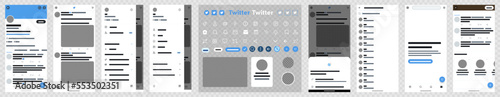 Set Twitter screen social media and social network interface template. Twitter mockup. Editorial vector.