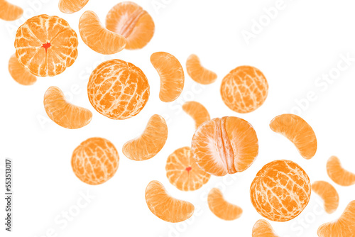 Levitation of peeled tangerines isolated on a transparent background.