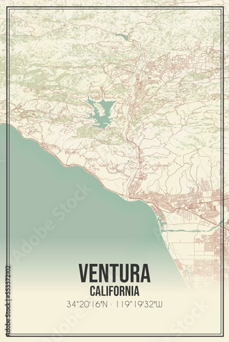 Retro US city map of Ventura, California. Vintage street map.