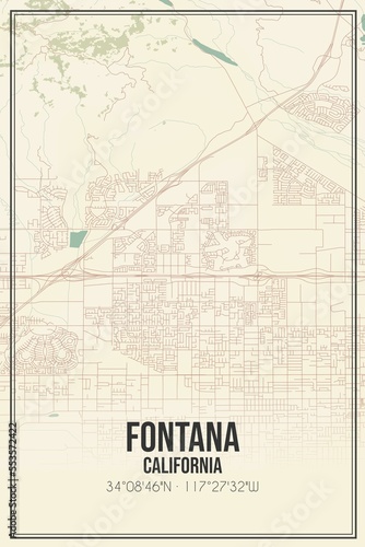Retro US city map of Fontana, California. Vintage street map.