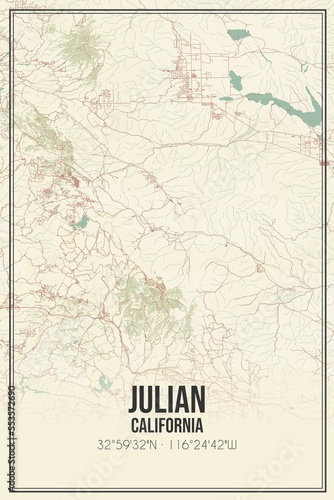 Retro US city map of Julian, California. Vintage street map.