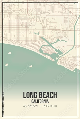 Retro US city map of Long Beach, California. Vintage street map.