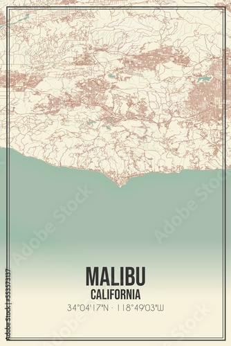 Retro US city map of Malibu, California. Vintage street map.