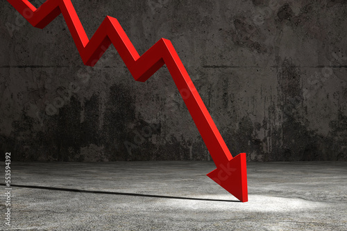 A red downward arrow hitting the concrete ground. Illustration of the concept of downturn of economy, falling of stock prices and recession