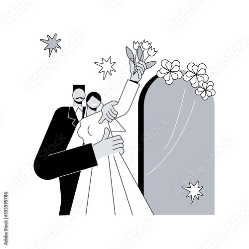 Mixed marriage abstract concept vector illustration. Interracial marriage, different races and religions, happy multiracial family, mixed couple, wedding day rings, traditional abstract metaphor.