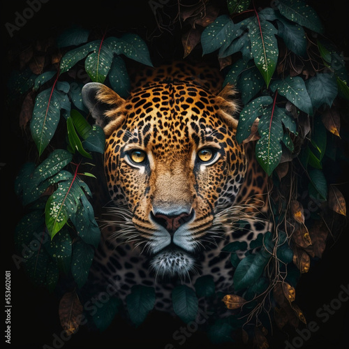 3D illustration, beautiful image of a jaguar head, between trees, dark background, 3D rendering.