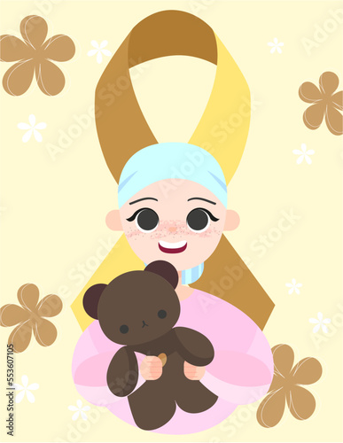 Día Mundial del Cáncer Infantil. (15 de Febrero) Pequeña niña con cáncer abrazando un oso de peluche y sonriéndo a pesar de su enfermedad; tiene un listón dorado de fondo que honra su valentía.