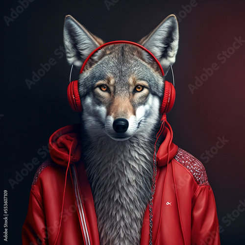 portrait of a wolf with jackets and red headphones - Generative AI