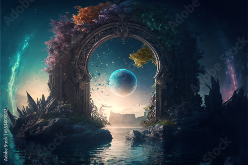 the light of evden a portal ancient gate in the middle of the waters, waters in the celestial sphere of peace, neverland dreamy cosmic beings surrounding in naturef 3d rendering 