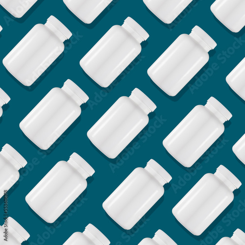 Białe butelki PET, opakowania na lekarstwa, na medycznym kolorze. 