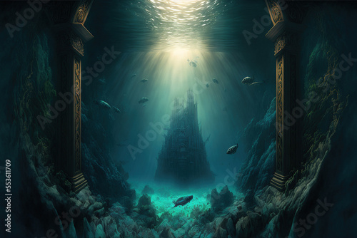 Underwater ancient city in the depths of the ocean. Atlantis lost world. ancient sunken architecture. Underwater gorges and tunnel. Lots of underwater organisms and fish. Underwater deep world. AI