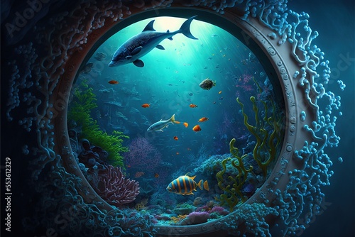 Underwater world at the depth of the ocean. Underwater gorges and tunnel. Lots of underwater organisms and fish. Underwater deep world, sea darkness, algae glow, blue neon, corals. AI