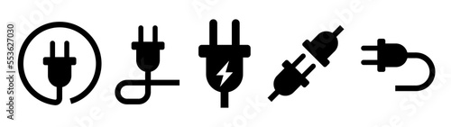 Power plug icon set. Various five types of monochrome icons.