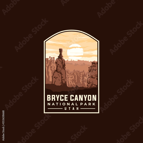 Bryce Canyon national park vector template. Utah landmark illustration in patch emblem style.