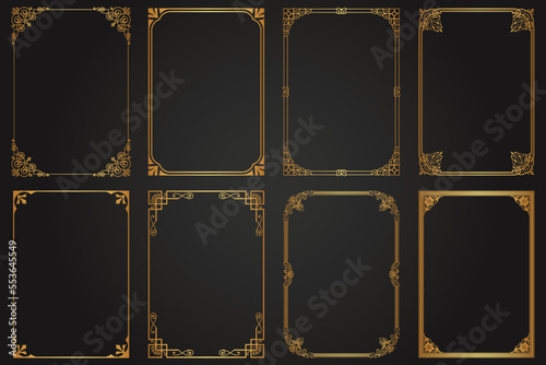 Luxury decorative golden vintage calligraphic frames and borders. Retro elegant ornamental frame, ornaments. Wedding frame, invitation card, menu, picture borders, deco dividers. Isolated icons vector