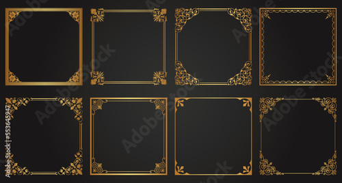 Luxury decorative golden vintage frames and borders. Retro ornamental frame square ornaments. Wedding frames, invitation cards, menus, and picture borders. Isolated icons vector set