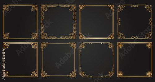 Luxury decorative golden vintage frames and borders. Retro ornamental frame square ornaments. Wedding frames, invitation cards, menus, picture borders, or deco dividers. Isolated icons vector set