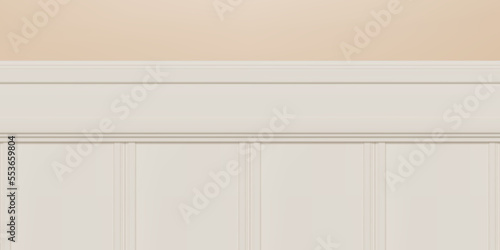 Beige beadboard or wainscot with top chair guard trim seamless pattern on orange wall. Light wood or gypsum embossed baseboard or skirting under vintage wall panels. Vector illustration