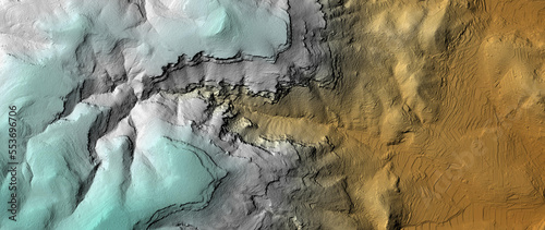 Concept de fond - Erosion - Vue aérienne de paysage vallonné territoire montagneux - Rendu 2d modèle numérique de terrain avec colorisation hypsométrique