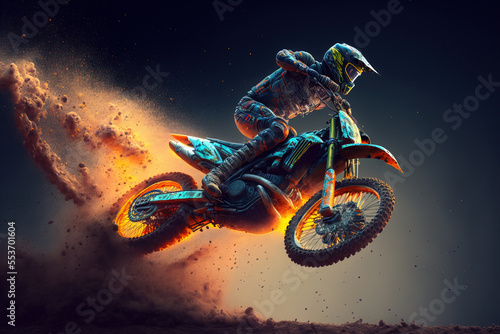Dirt bike rider doing a big jump. Supercross, motocross, high speed. Sport concept. Digital art
