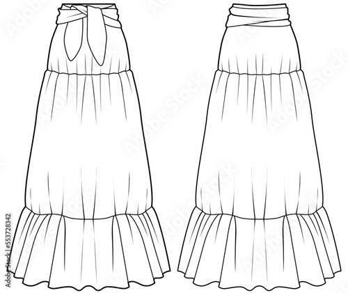 women's tiered maxi skirt flat sketch vector illustration technical cad drawing template