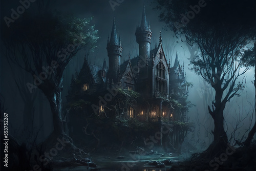 medieval, dark fantasy, gothic, haunted castle, magical, elven, art illustration