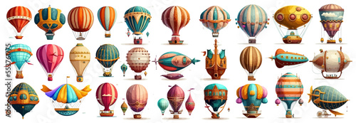 Vintage Hot Air Balloons. colorful flying vintage airships. Sky vehicle for adventure, traveling activity isolated white background 