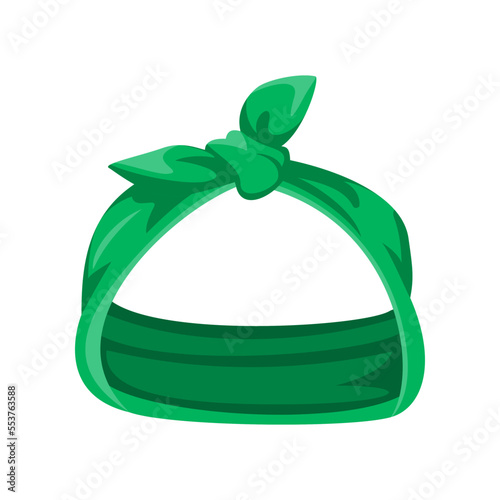 Green women headband cartoon illustration. Stylish female hair accessory, ribbon, bandana with bow, hair scarf for hairstyle. Headwear, fashion, coiffure concept