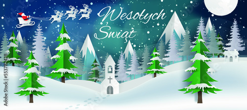 Karta lub baner na Wesołych Świąt w kolorze białym na niebieskim tle z zorzą polarną, płatkami śniegu, saniami Świętego Mikołaja i zaśnieżonym wzgórzem z jodłami