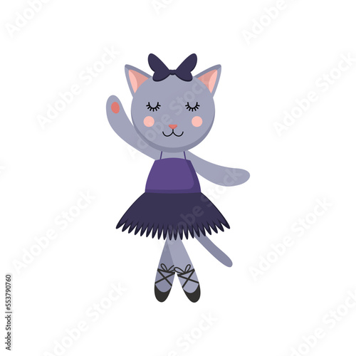 Gray cat cartoon character as ballerina in tutu skirt. Cute comic animal in dress dancing vector illustration. Ballet, fashion concept for kids or little girls